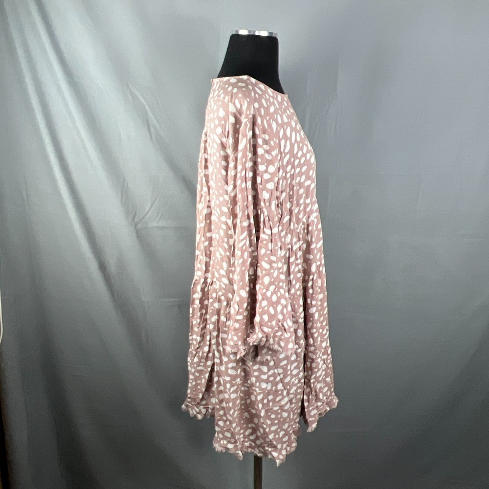 Umgee Shift Dress Womens Medium Dusty Pink White Organic Spot Print Frayed Trim - Picture 3 of 9